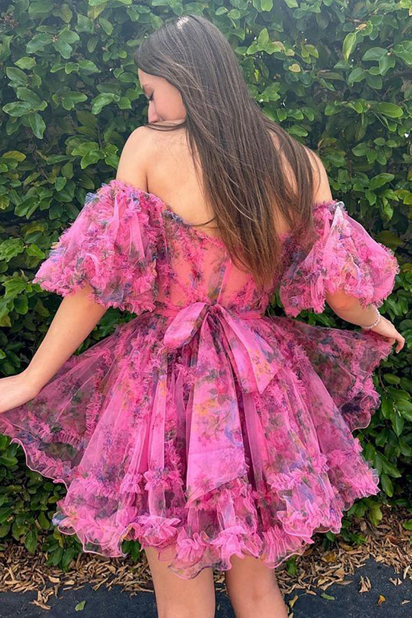 Luolandi A Line Off the Shoulder Printed Homecoming Dress Short Sleeves Lovely Graduation Dress